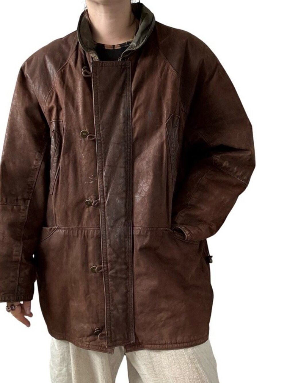 Vintage Mens Vera Pelle Distressed Brown Leather Bomber Chore Jacket Coat XL
